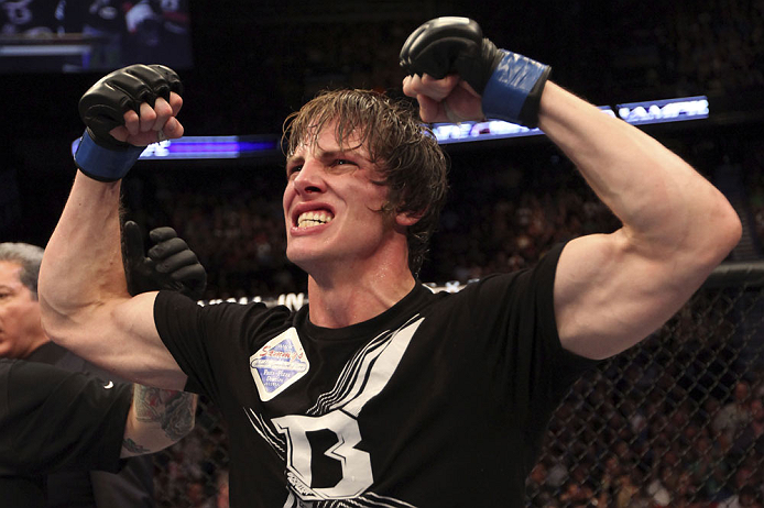 CALGARY, CANADA- JULY 21: Matthew Riddle celebrates after defeating Chris Clements during their welterweight bout at UFC 149 inside the Scotiabank Saddledome on July 21, 2012 in Calgary, Alberta, Canada. (Photo by Nick Laham/Zuffa LLC/Zuffa LLC via Getty