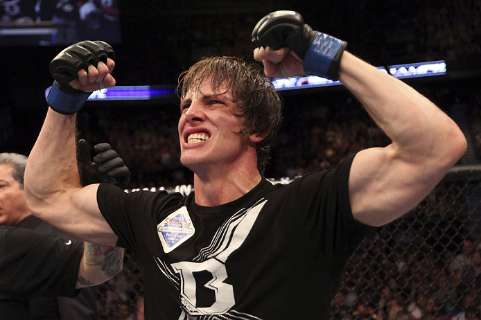 CALGARY, CANADA- JULY 21: Matthew Riddle celebrates after defeating Chris Clements during their welterweight bout at UFC 149 inside the Scotiabank Saddledome on July 21, 2012 in Calgary, Alberta, Canada.  (Photo by Nick Laham/Zuffa LLC/Zuffa LLC via Getty