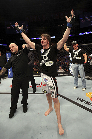 CALGARY, CANADA- JULY 21: Matthew Riddle celebrates after defeating Chris Clements during their welterweight bout at UFC 149 inside the Scotiabank Saddledome on July 21, 2012 in Calgary, Alberta, Canada. (Photo by Nick Laham/Zuffa LLC/Zuffa LLC via Getty