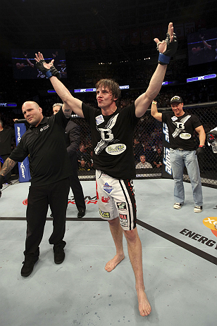 CALGARY, CANADA- JULY 21: Matthew Riddle celebrates after defeating Chris Clements during their welterweight bout at UFC 149 inside the Scotiabank Saddledome on July 21, 2012 in Calgary, Alberta, Canada.  (Photo by Nick Laham/Zuffa LLC/Zuffa LLC via Getty