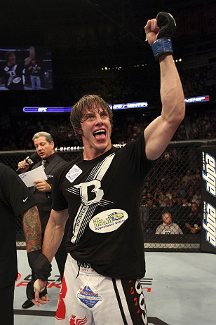 CALGARY, CANADA- JULY 21: Matthew Riddle celebrates after defeating Chris Clements during their welterweight bout at UFC 149 inside the Scotiabank Saddledome on July 21, 2012 in Calgary, Alberta, Canada. (Photo by Nick Laham/Zuffa LLC/Zuffa LLC via Getty