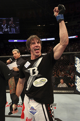 CALGARY, CANADA- JULY 21: Matthew Riddle celebrates after defeating Chris Clements during their welterweight bout at UFC 149 inside the Scotiabank Saddledome on July 21, 2012 in Calgary, Alberta, Canada.  (Photo by Nick Laham/Zuffa LLC/Zuffa LLC via Getty