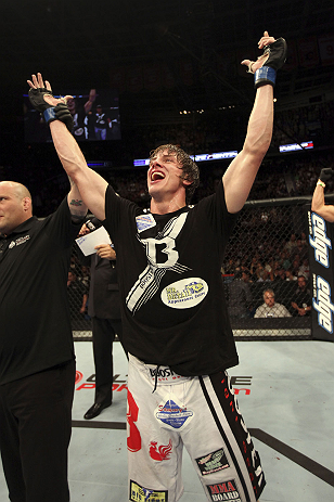 CALGARY, CANADA- JULY 21: Matthew Riddle celebrates after defeating Chris Clements during their welterweight bout at UFC 149 inside the Scotiabank Saddledome on July 21, 2012 in Calgary, Alberta, Canada. (Photo by Nick Laham/Zuffa LLC/Zuffa LLC via Getty