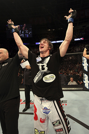 CALGARY, CANADA- JULY 21: Matthew Riddle celebrates after defeating Chris Clements during their welterweight bout at UFC 149 inside the Scotiabank Saddledome on July 21, 2012 in Calgary, Alberta, Canada.  (Photo by Nick Laham/Zuffa LLC/Zuffa LLC via Getty