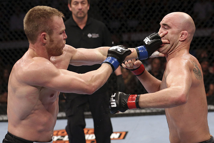 CALGARY, CANADA - JULY 21: (L-R) James Head puts his hands to the face of Brian Ebersole during their welterweight bout at UFC 149 inside the Scotiabank Saddledome on July 21, 2012 in Calgary, Alberta, Canada.  (Photo by Nick Laham/Zuffa LLC/Zuffa LLC via