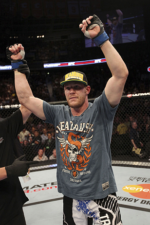 CALGARY, CANADA - JULY 21: James Head celebrates after defeating Brian Ebersole during their welterweight bout at UFC 149 inside the Scotiabank Saddledome on July 21, 2012 in Calgary, Alberta, Canada. (Photo by Nick Laham/Zuffa LLC/Zuffa LLC via Getty Im