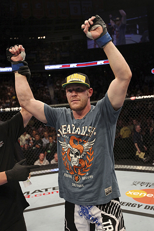 CALGARY, CANADA - JULY 21: James Head celebrates after defeating Brian Ebersole during their welterweight bout at UFC 149 inside the Scotiabank Saddledome on July 21, 2012 in Calgary, Alberta, Canada.  (Photo by Nick Laham/Zuffa LLC/Zuffa LLC via Getty Im