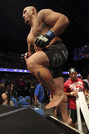 CALGARY, CANADA - JULY 21: Shawn Jordan enters the Octagon prior to his matchup against Cheick Kongo during their heavyweight bout at UFC 149 inside the Scotiabank Saddledome on July 21, 2012 in Calgary, Alberta, Canada. (Photo by Nick Laham/Zuffa LLC/Zu