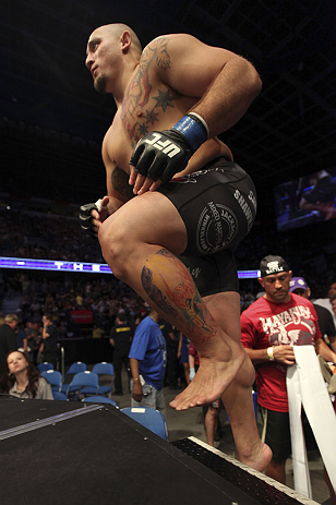 CALGARY, CANADA - JULY 21: Shawn Jordan enters the Octagon prior to his matchup against Cheick Kongo during their heavyweight bout at UFC 149 inside the Scotiabank Saddledome on July 21, 2012 in Calgary, Alberta, Canada.  (Photo by Nick Laham/Zuffa LLC/Zu