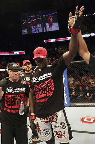 CALGARY, CANADA - JULY 21: Cheick Kongo celebrates after defeating Shawn Jordan during their heavyweight bout at UFC 149 inside the Scotiabank Saddledome on July 21, 2012 in Calgary, Alberta, Canada. (Photo by Nick Laham/Zuffa LLC/Zuffa LLC via Getty Ima