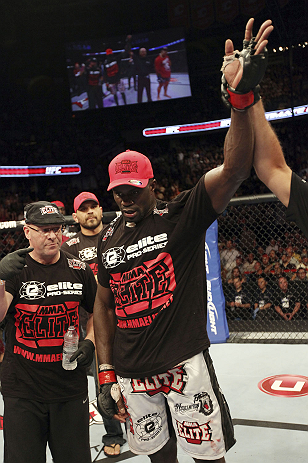 CALGARY, CANADA - JULY 21: Cheick Kongo celebrates after defeating Shawn Jordan during their heavyweight bout at UFC 149 inside the Scotiabank Saddledome on July 21, 2012 in Calgary, Alberta, Canada.  (Photo by Nick Laham/Zuffa LLC/Zuffa LLC via Getty Ima