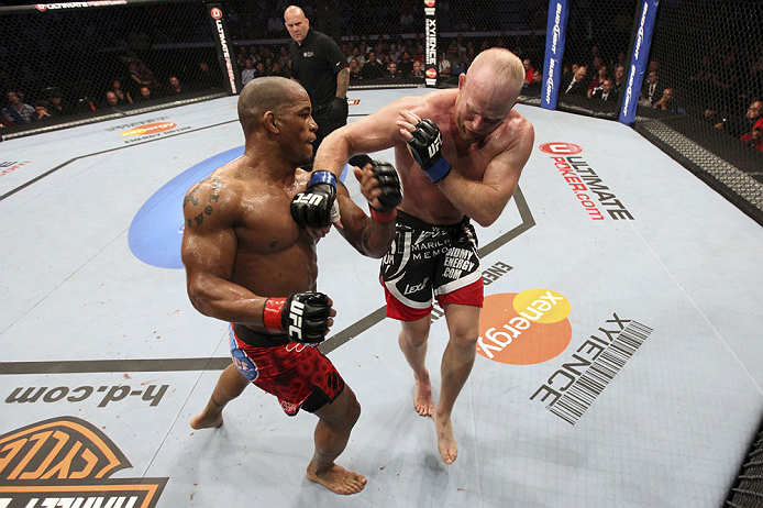 CALGARY, CANADA - JULY 21:  (L-R) Hector Lombard exchanges punches with Tim Boetsch during their middleweight bout at UFC 149 inside the Scotiabank Saddledome on July 21, 2012 in Calgary, Alberta, Canada.  (Photo by Nick Laham/Zuffa LLC/Zuffa LLC via Gett