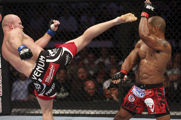 CALGARY, CANADA - JULY 21: (L-R) Tim Boetsch attempts to kick Hector Lombard during their middleweight bout at UFC 149 inside the Scotiabank Saddledome on July 21, 2012 in Calgary, Alberta, Canada. (Photo by Nick Laham/Zuffa LLC/Zuffa LLC via Getty Image