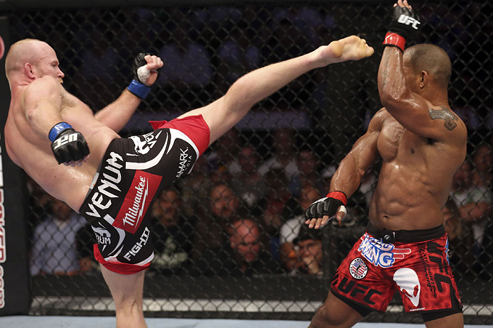 CALGARY, CANADA - JULY 21: (L-R) Tim Boetsch attempts to kick Hector Lombard during their middleweight bout at UFC 149 inside the Scotiabank Saddledome on July 21, 2012 in Calgary, Alberta, Canada.  (Photo by Nick Laham/Zuffa LLC/Zuffa LLC via Getty Image