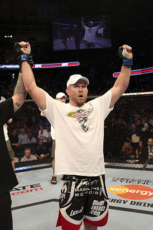 CALGARY, CANADA - JULY 21:  (L-R) Tim Boetsch celebrates after defeating Hector Lombard during their middleweight bout at UFC 149 inside the Scotiabank Saddledome on July 21, 2012 in Calgary, Alberta, Canada.  (Photo by Nick Laham/Zuffa LLC/Zuffa LLC via 