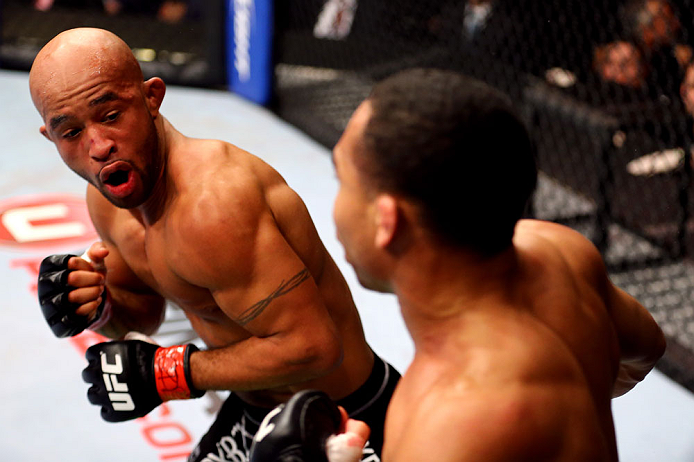 CHICAGO, IL - JANUARY 26: Demetrious Johnson (L) fights John Dodson (R) during thier Flyweight Championship Bout part of UFC on FOX at United Center on January 26, 2013 in Chicago, Illinois. (Photo by Al Bello/Zuffa LLC/Zuffa LLC Via Getty Images)