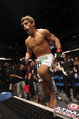 CALGARY, CANADA - JULY 21: Urijah Faber enters the Octagon prior to facing Renan Barao during their UFC interim bantamweight championship bout at UFC 149 inside the Scotiabank Saddledome on July 21, 2012 in Calgary, Alberta, Canada. (Photo by Nick Laham