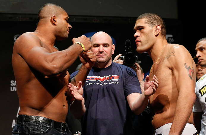 LAS VEGAS, NV - FEBRUARY 01: (L-R) Opponents Alistair Overeem and Antonio "Bigfoot" Silva face off during the UFC 156 weigh-in on February 1, 2013 at Mandalay Bay Events Center in Las Vegas, Nevada. (Photo by Josh Hedges/Zuffa LLC/Zuffa LLC via Getty Im