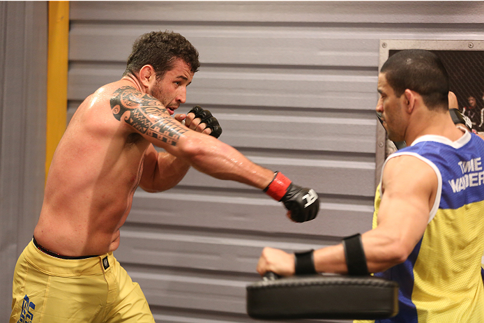 SAO PAULO, BRAZIL - FEBRUARY 4: Team Wanderlei fighter Antonio Branjao warms up in the locker room before facing Team Sonnen fighter Vitor Mirande in their heavyweight fight during season three of The Ultimate Fighter Brazil on February 4, 2014 in Sao Pa
