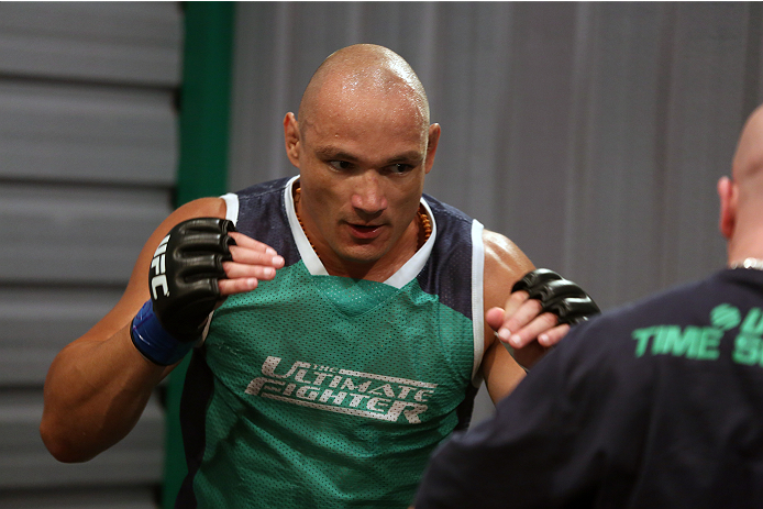 SAO PAULO, BRAZIL - FEBRUARY 4: Team Sonnen fighter Vitor Mirande warms up in the locker room before facing Team Wanderlei fighter Antonio Branjao in their heavyweight fight during season three of The Ultimate Fighter Brazil on February 4, 2014 in Sao P