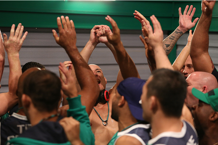 SAO PAULO, BRAZIL - FEBRUARY 4:  Team Sonnen fighter Vitor Mirande and the rest of Team Sonnen celebrate after defeating Team Wanderlei fighter Antonio Branjao in their heavyweight fight during season three of The Ultimate Fighter Brazil on February 4, 20