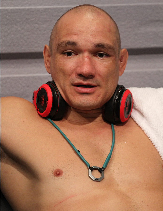 SAO PAULO, BRAZIL - FEBRUARY 4: Team Sonnen fighter Vitor Mirande celebrates in the locker room after defeating Team Wanderlei fighter Antonio Branjao in their heavyweight fight during season three of The Ultimate Fighter Brazil on February 4, 2014 in Sa