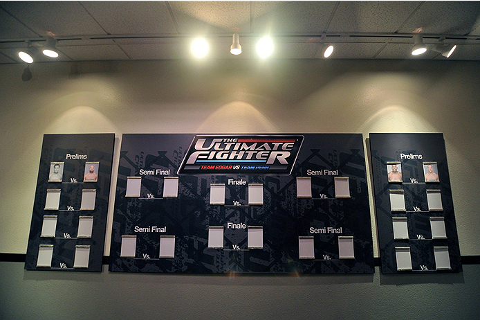 LAS VEGAS, NV - OCTOBER 29: A general view of the TUF 19 hallway tournament bracket during filming of season nineteen of The Ultimate Fighter on October 29, 2013 in Las Vegas, Nevada. (Photo by Jeff Bottari/Zuffa LLC/Zuffa LLC via Getty Images) *** Local