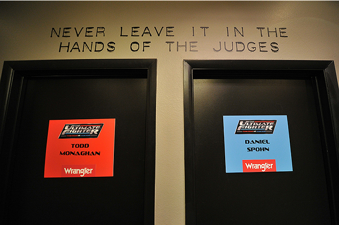 LAS VEGAS, NV - OCTOBER 29: A general view of the locker room doors before Team Penn fighter Daniel Spohn faces Team Edgar fighter Todd Monaghan in their preliminary fight during filming of season nineteen of The Ultimate Fighter on October 29, 2013 in L