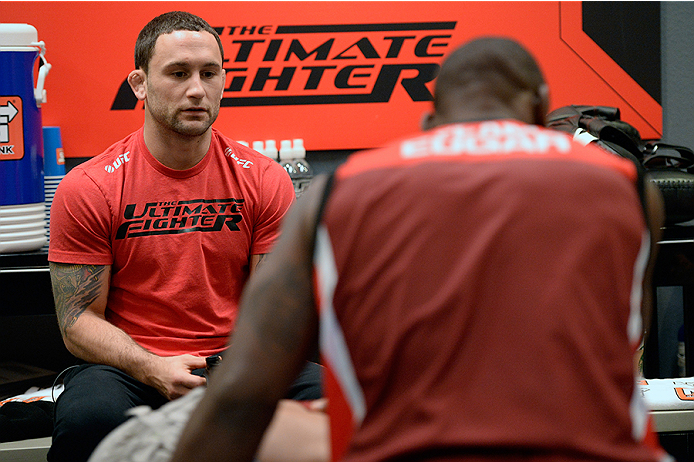 LAS VEGAS, NV - OCTOBER 29: (L-R) Coach Frankie Edgar speaks with his fighter Todd Monaghan before he faces Team Penn fighter Daniel Spohn in their preliminary fight during filming of season nineteen of The Ultimate Fighter on October 29, 2013 in Las Veg