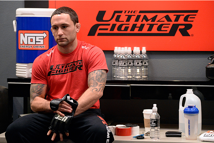 LAS VEGAS, NV - OCTOBER 29:  Coach Frankie Edgar sits in the locker room before his fighter Todd Monaghan faces Team Penn fighter Daniel Spohn in their preliminary fight during filming of season nineteen of The Ultimate Fighter on October 29, 2013 in Las 