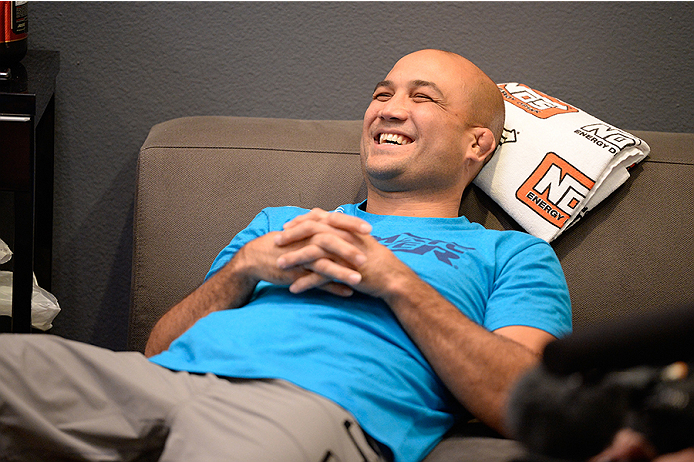 LAS VEGAS, NV - OCTOBER 29: Coach BJ Penn sits in the locker room before his fighter Daniel Spohn faces Team Edgar fighter Todd Monaghan in their preliminary fight during filming of season nineteen of The Ultimate Fighter on October 29, 2013 in Las Vegas