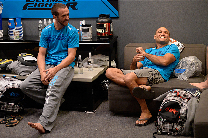 LAS VEGAS, NV - OCTOBER 29:  (L-R) Team Penn boxing coach Jason Parillo converses with Coach BJ Penn in the locker room before their fighter Daniel Spohn faces Team Edgar fighter Todd Monaghan in their preliminary fight during filming of season nineteen o