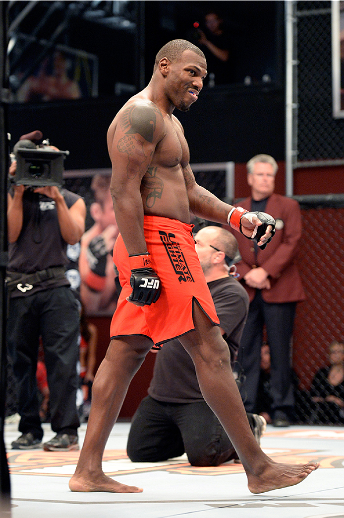 LAS VEGAS, NV - OCTOBER 29: Team Edgar fighter Todd Monaghan enters the Octagon before facing Team Penn fighter Daniel Spohn in their preliminary fight during filming of season nineteen of The Ultimate Fighter on October 29, 2013 in Las Vegas, Nevada. (P