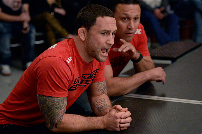 LAS VEGAS, NV - OCTOBER 29: Coach Frankie Edgar coaches Team Edgar fighter Todd Monaghan as he faces Team Penn fighter Daniel Spohn in their preliminary fight during filming of season nineteen of The Ultimate Fighter on October 29, 2013 in Las Vegas, Nev