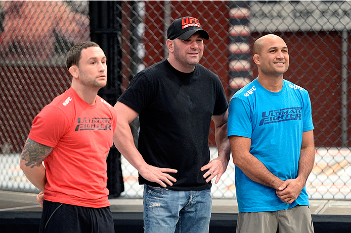 LAS VEGAS, NV - OCTOBER 29:  (L-R) Coach Frankie Edgar, UFC President Dana White and Coach BJ Penn discusses the choices for the next matchup during filming of season nineteen of The Ultimate Fighter on October 29, 2013 in Las Vegas, Nevada. (Photo by Jef