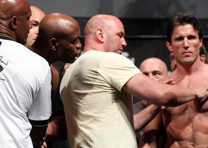 LAS VEGAS, NV - JULY 6: UFC President Dana White separates Anderson Silva (L) and Chael Sonnen (R) during the UFC 148 Weigh In at the Mandalay Bay Events Center on July 6, 2012 in Las Vegas, Nevada. (Photo by Josh Hedges/Zuffa LLC/Zuffa LLC via Getty I