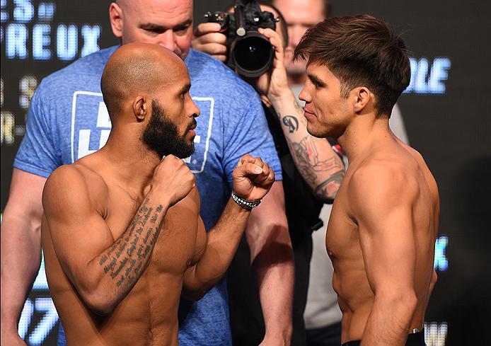 LAS VEGAS, NV - APRIL 20: (L-R) Opponents Demetrious Johnson and Henry Cejudo face off during the UFC 197 weigh-in at the MGM Grand Garden Arena on April 20, 2016 in Las Vegas, Nevada. (Photo by Josh Hedges/Zuffa LLC/Zuffa LLC via Getty Images)