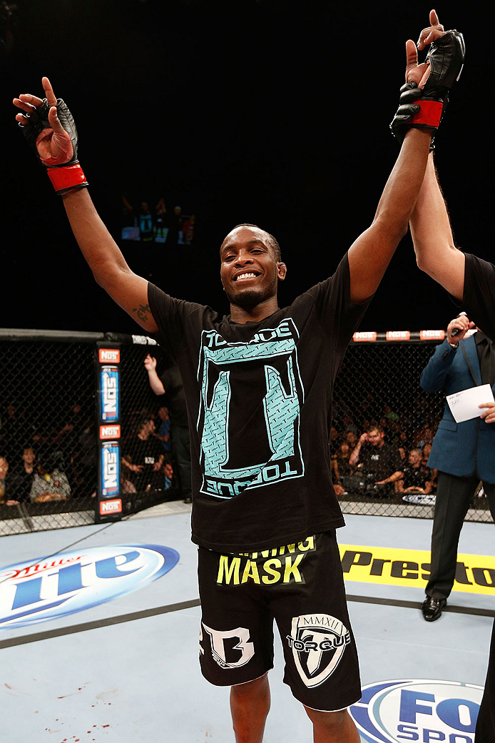 LAS VEGAS, NV - NOVEMBER 30:  Sean Spencer celebrates after defeating Drew Dober in their welterweight fight during The Ultimate Fighter season 18 live finale inside the Mandalay Bay Events Center on November 30, 2013 in Las Vegas, Nevada. (Photo by Josh 