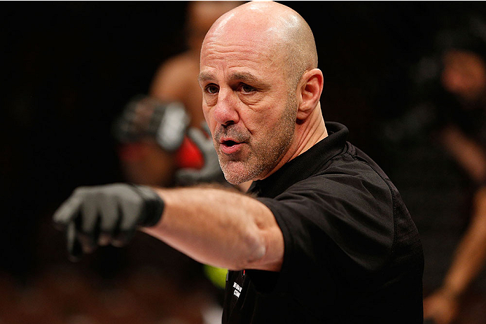 LAS VEGAS, NV - NOVEMBER 30:  Referee Yves Lavigne introduces Sean Spencer and Drew Dober before their welterweight fight during The Ultimate Fighter season 18 live finale inside the Mandalay Bay Events Center on November 30, 2013 in Las Vegas, Nevada. (P