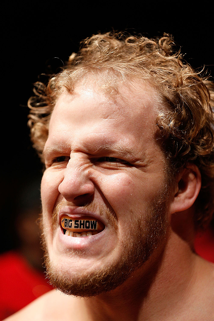 LAS VEGAS, NV - NOVEMBER 30: Jared Rosholt prepares to enter the Octagon before his fight against Walt Harris in their heavyweight fight during The Ultimate Fighter season 18 live finale inside the Mandalay Bay Events Center on November 30, 2013 in Las V