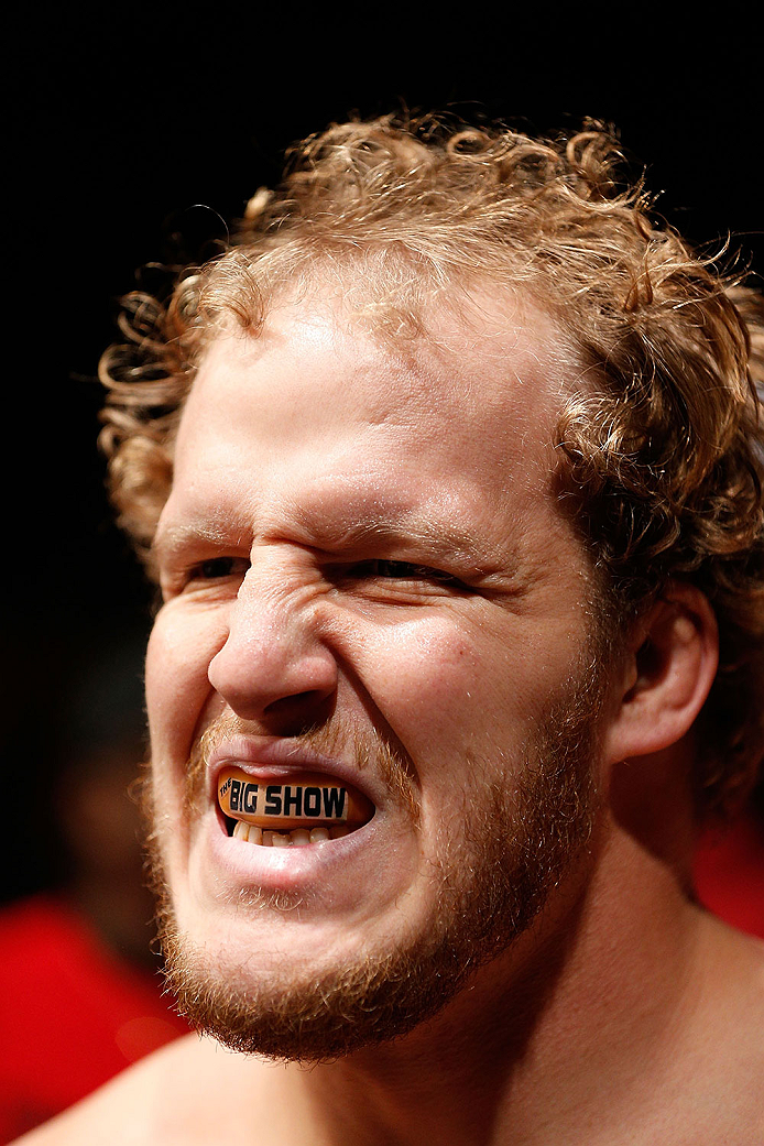 LAS VEGAS, NV - NOVEMBER 30:  Jared Rosholt prepares to enter the Octagon before his fight against Walt Harris in their heavyweight fight during The Ultimate Fighter season 18 live finale inside the Mandalay Bay Events Center on November 30, 2013 in Las V