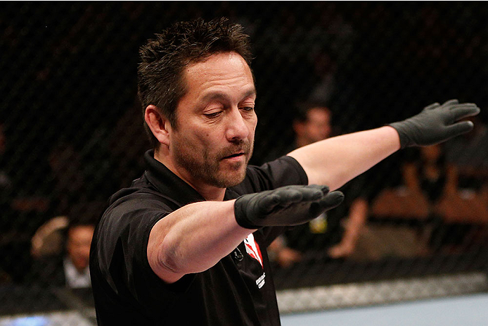 LAS VEGAS, NV - NOVEMBER 30:  Referee Mario Yamasaki calls a stoppage to Akira Corassani and Maximo Blanco in their featherweight fight during The Ultimate Fighter season 18 live finale inside the Mandalay Bay Events Center on November 30, 2013 in Las Veg