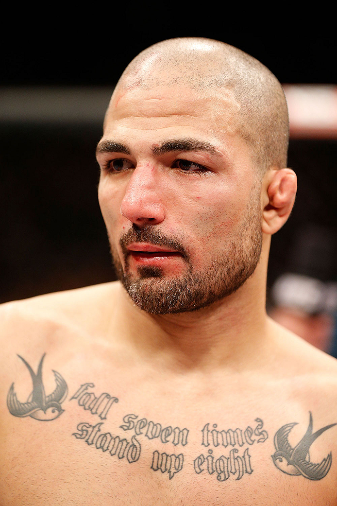 LAS VEGAS, NV - NOVEMBER 30: Akira Corassani waits for the decision after his fight against Maximo Blanco in their featherweight fight got stopped due to an illegal knee the face of Corassani by Blanco in the first round during The Ultimate Fighter seaso