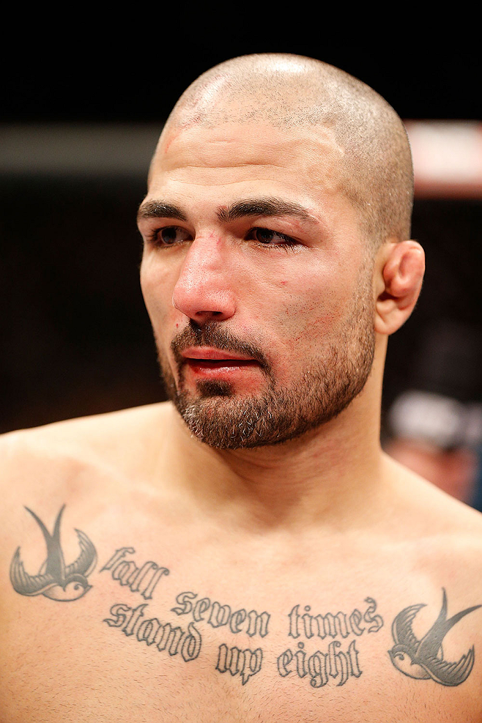 LAS VEGAS, NV - NOVEMBER 30:  Akira Corassani waits for the decision after his fight against Maximo Blanco in their featherweight fight got stopped due to an illegal knee the face of Corassani by Blanco in the first round during The Ultimate Fighter seaso