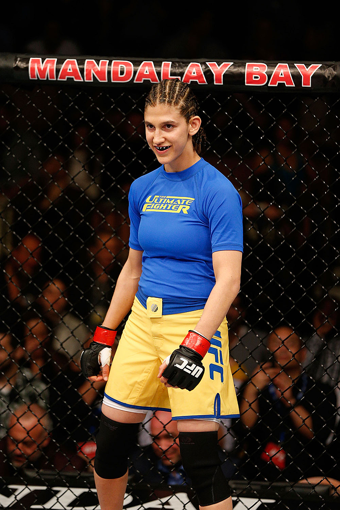 LAS VEGAS, NV - NOVEMBER 30:  Roxanne Modafferi stands in her corner before her fight against Raquel Pennington in their women's bantamweight fight during The Ultimate Fighter season 18 live finale inside the Mandalay Bay Events Center on November 30, 201