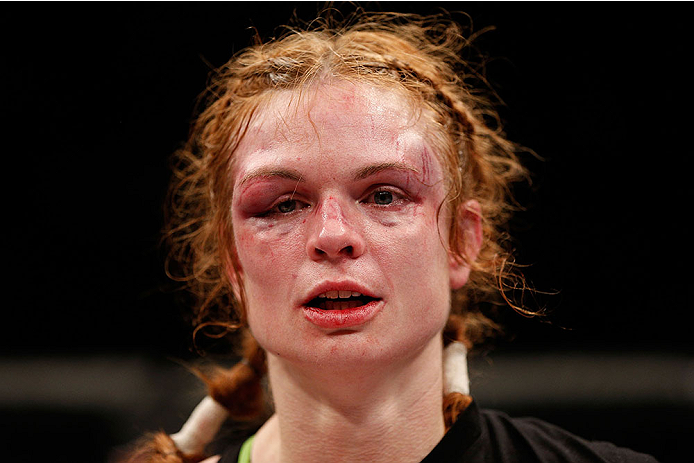 LAS VEGAS, NV - NOVEMBER 30: Peggy Morgan looks looks on after being defeated by Jessamyn Duke in their women's bantamweight fight during The Ultimate Fighter season 18 live finale inside the Mandalay Bay Events Center on November 30, 2013 in Las Vegas,