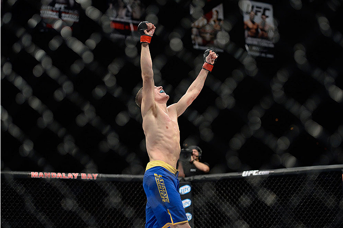 LAS VEGAS, NV - NOVEMBER 30: Chris Holdsworth celebrates after defeating David Grant in their bantamweight final fight during The Ultimate Fighter season 18 live finale inside the Mandalay Bay Events Center on November 30, 2013 in Las Vegas, Nevada. (Pho