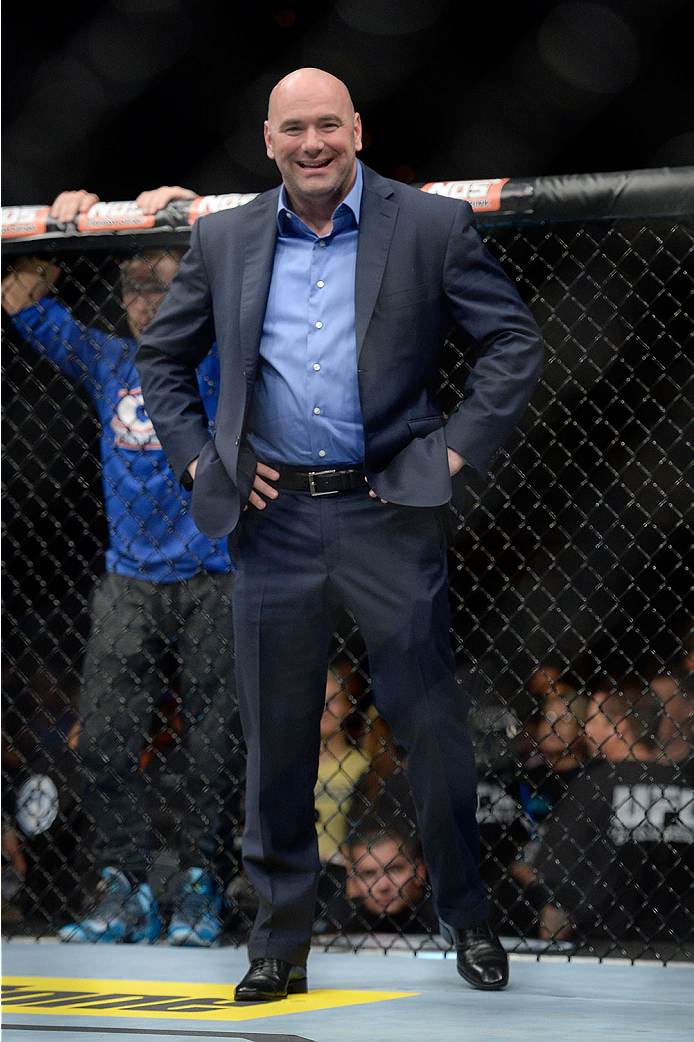 LAS VEGAS, NV - NOVEMBER 30:  UFC President Dana White stands in the Octagon after Chris Holdsworth defeated David Grant in their bantamweight final fight during The Ultimate Fighter season 18 live finale inside the Mandalay Bay Events Center on November 