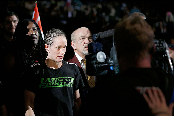 LAS VEGAS, NV - NOVEMBER 30:  Jessica Rakoczy enters the arena before fighting Julianna Pena in their women's bantamweight final fight during The Ultimate Fighter season 18 live finale inside the Mandalay Bay Events Center on November 30, 2013 in Las Vega