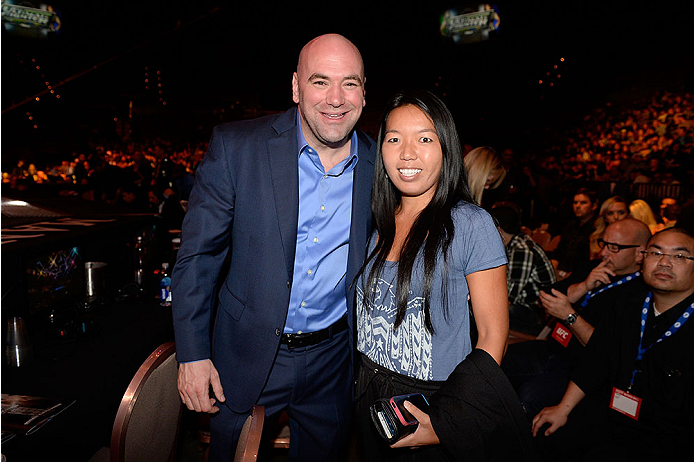 LAS VEGAS, NV - NOVEMBER 30:  UFC President Dana White (L) poses with US tennis player Vania King (R) before the fight between Julianna Pena and Jessica Rakoczy in their women's bantamweight final fight during The Ultimate Fighter season 18 live finale in